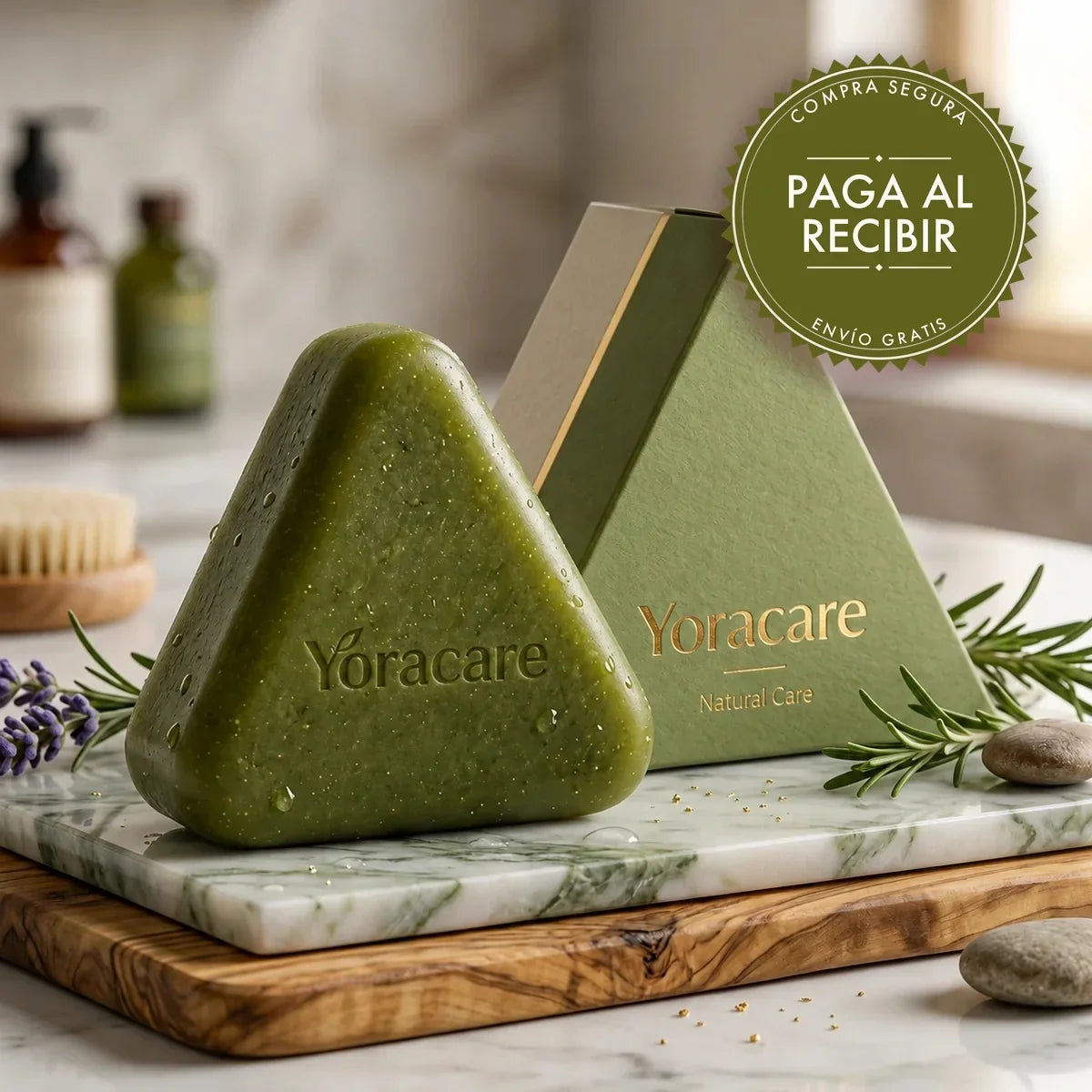 Barra capilar coreana Yoracare sobre mármol, con su estuche