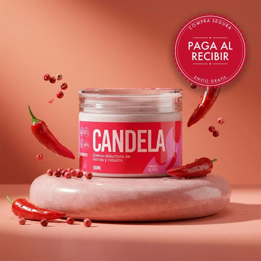 Pote de Crema Candela sobre fondo coral con pimienta rosa y ajíes, con el sello de compra segura: paga al recibir y envío gratis