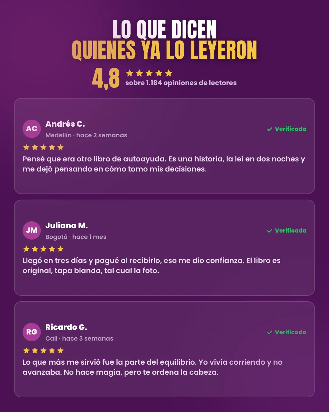 Opiniones de lectores en Medellín, Bogotá y Cali con 4,8 de valoración