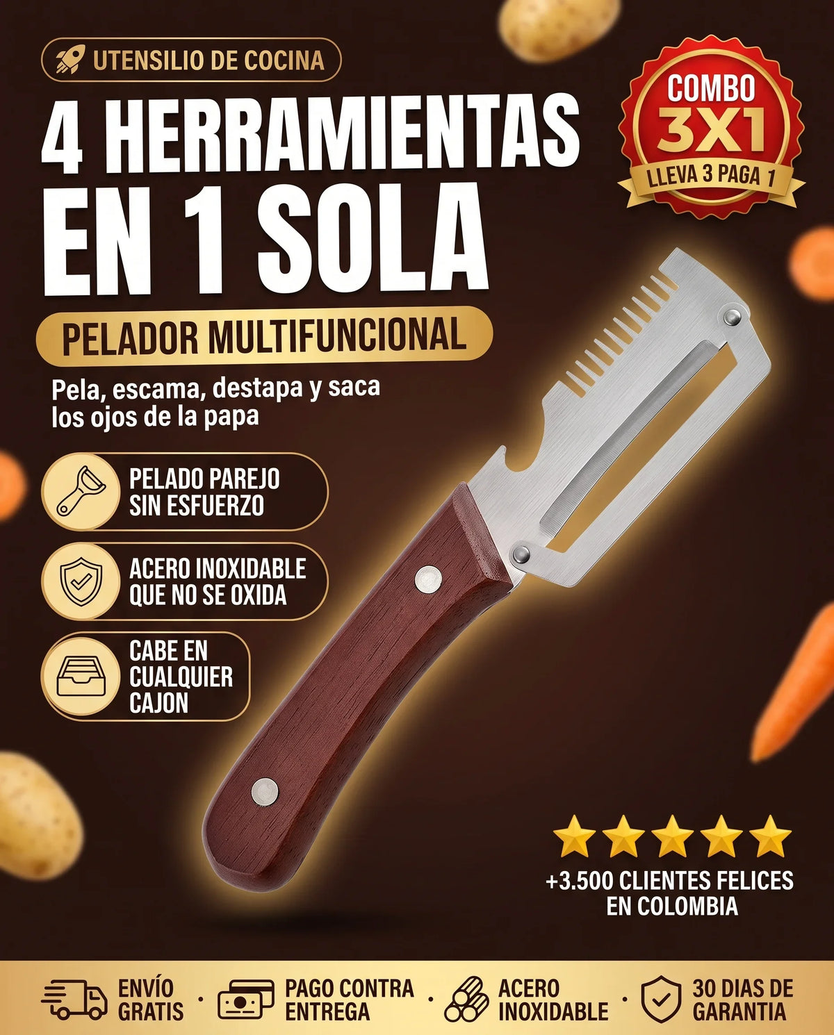 Pelador multifuncional 4 en 1 de acero inoxidable — combo 3x1 por $69.900
