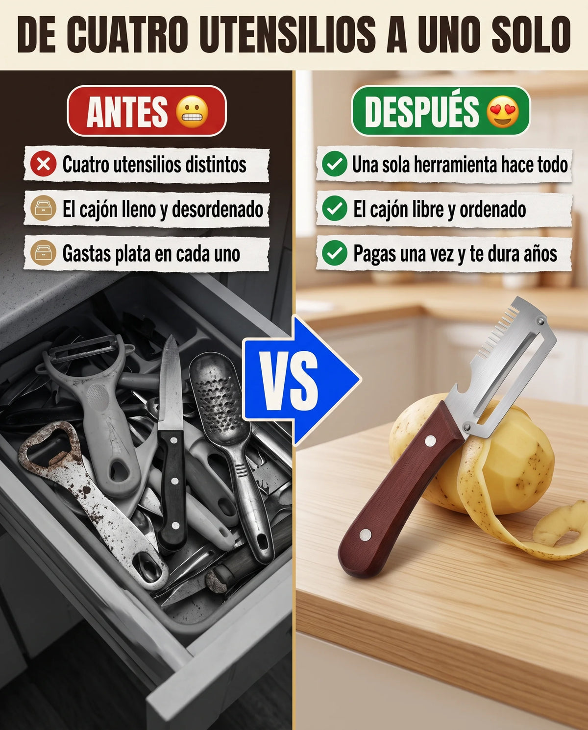 Antes: cuatro utensilios en el cajón. Después: un solo pelador multifuncional