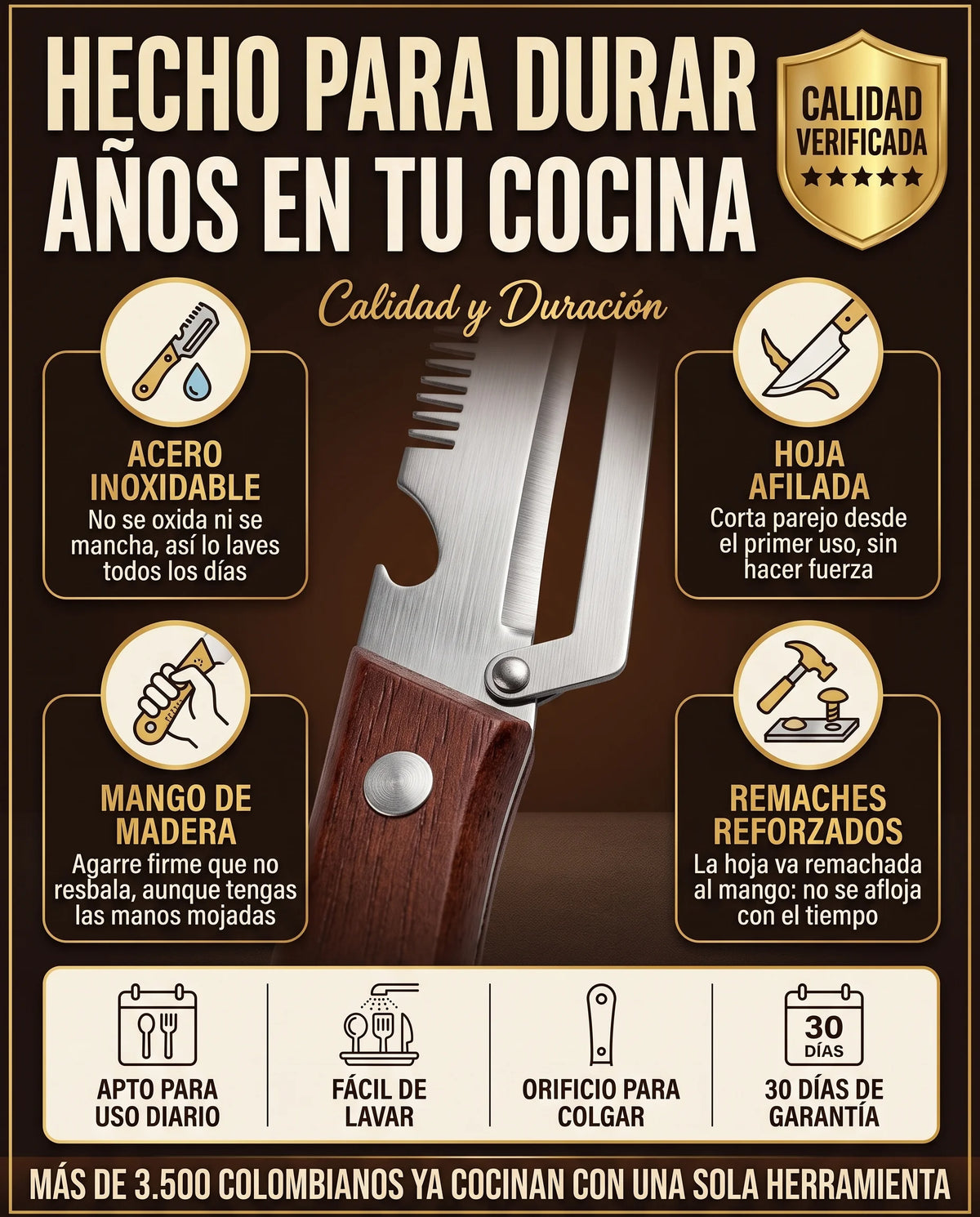 Acero inoxidable, hoja afilada, mango de madera y remaches reforzados