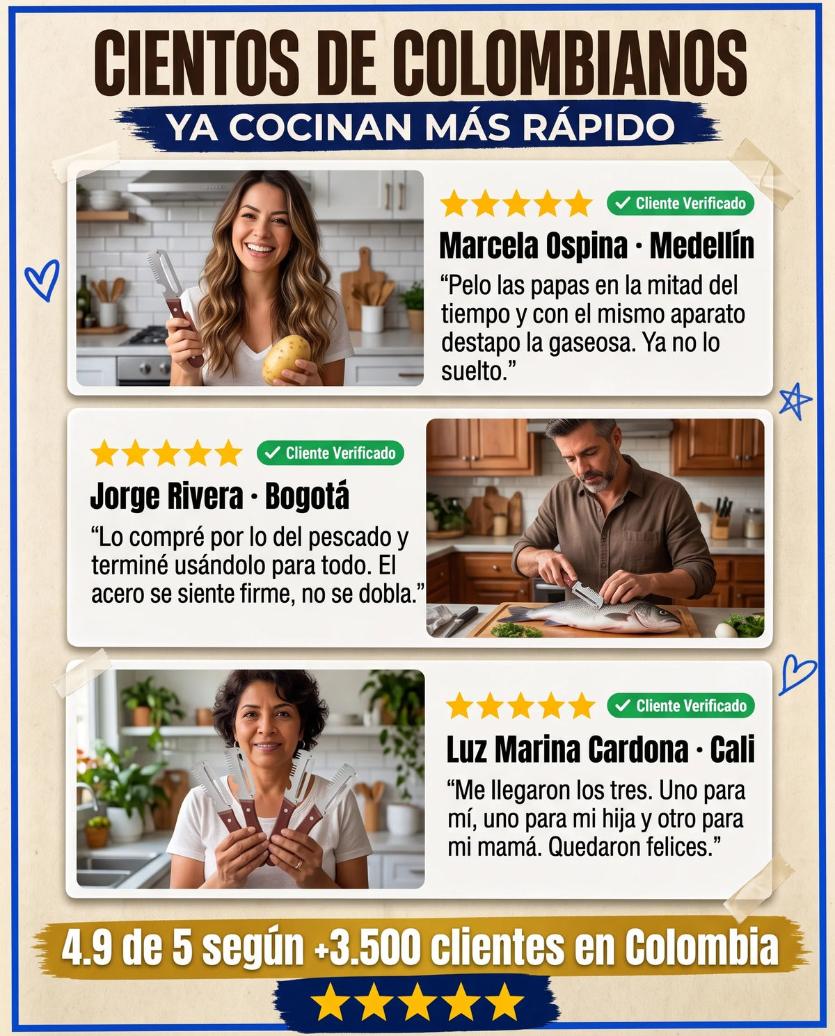 Reseñas de clientes en Medellín, Bogotá y Cali sobre el pelador multifuncional