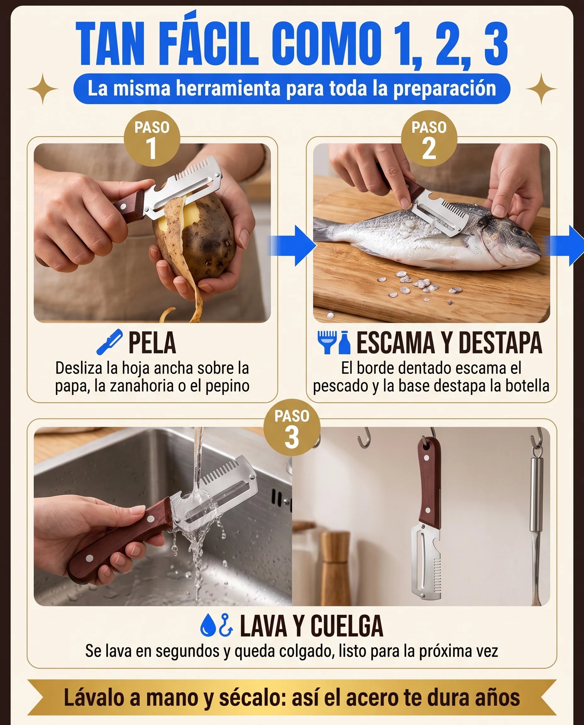 Modo de uso en tres pasos: pela, escama y destapa, lava y cuelga